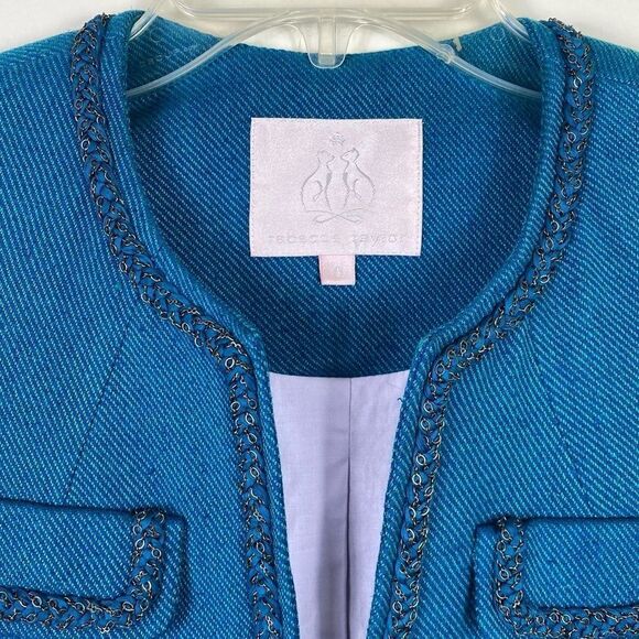 Rebecca Taylor Teal Silk Blend Tweed Chain Accent Blazer Jacket - Picture 3 of 9